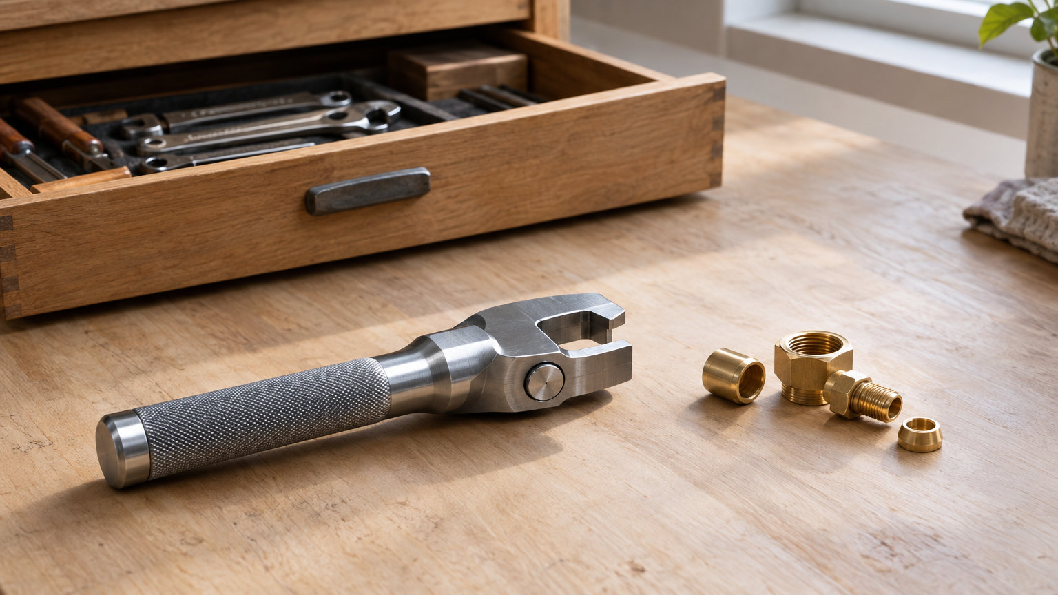 A polished metal tool rests beside an open workbench drawer and a separate unfinished fitting, illustrating technology, implementation services and planned integrations.
