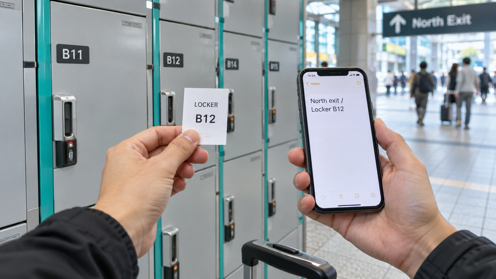 Illustrative example of recording a locker number and station exit in a private phone note