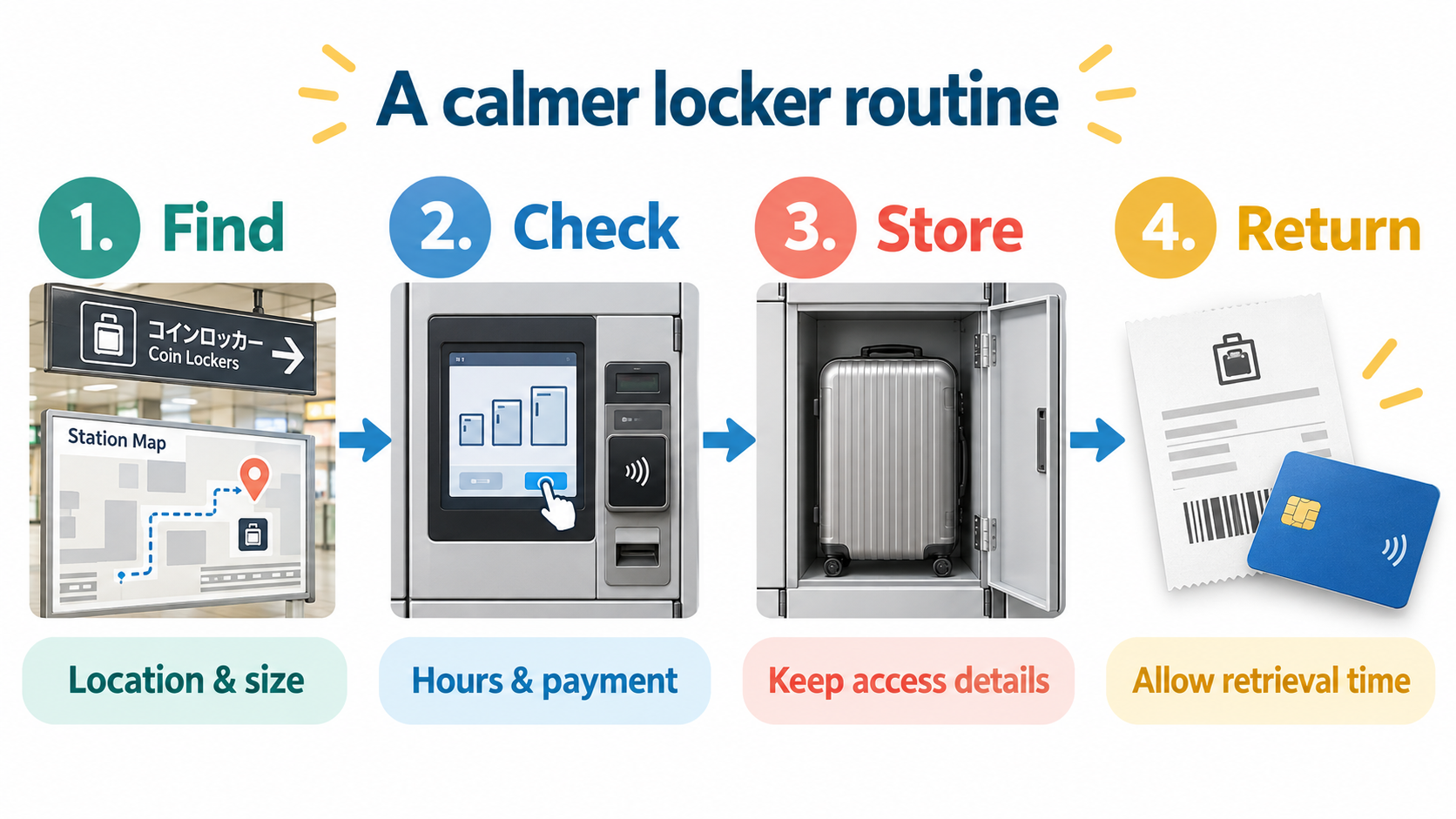 Four-stage locker routine: find the location and size, check hours and payment, store and keep access details, then allow retrieval time