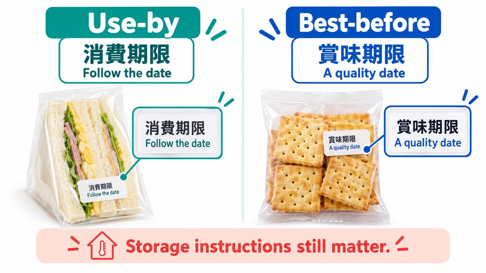 Illustrated comparison of Japanese use-by and best-before labels, with a reminder that storage instructions matter