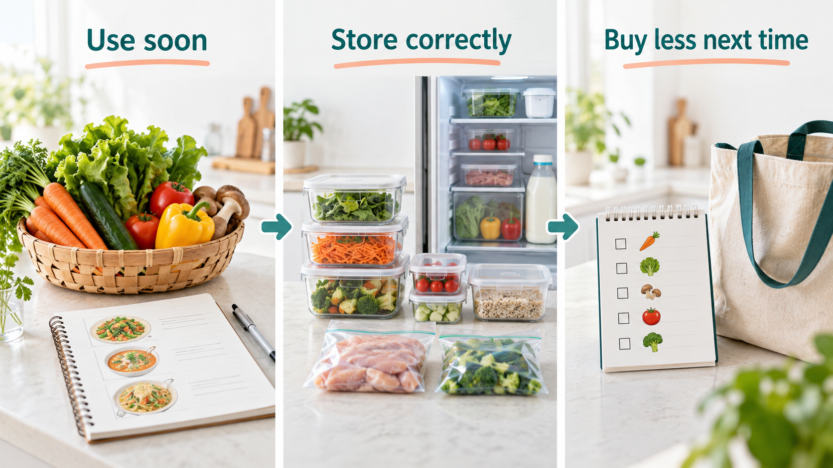 Illustrative grocery routine showing food planned for use soon, appropriate storage, and a smaller next shopping list