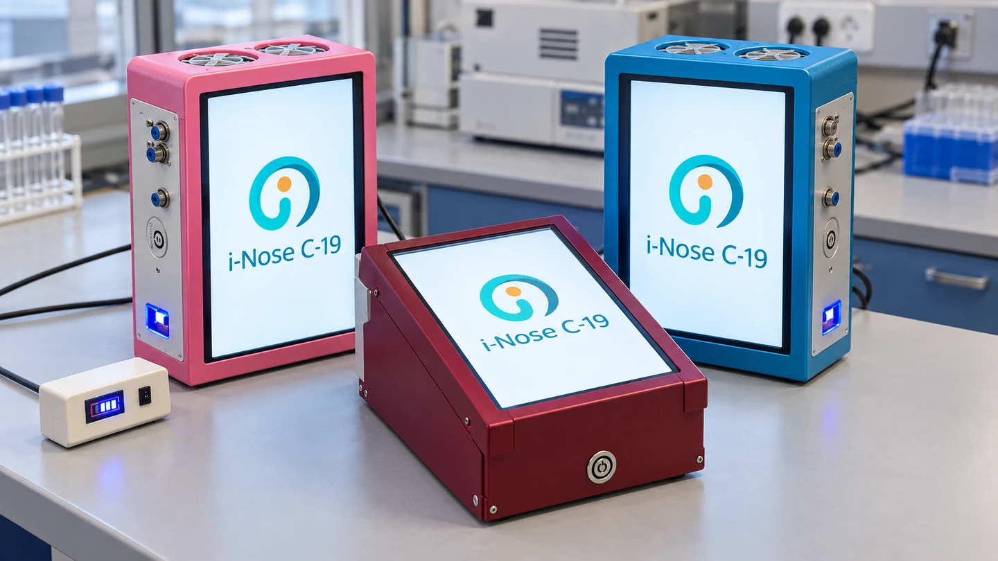 AI-generated reconstruction of the pink, blue, and burgundy i-Nose C-19 research instruments