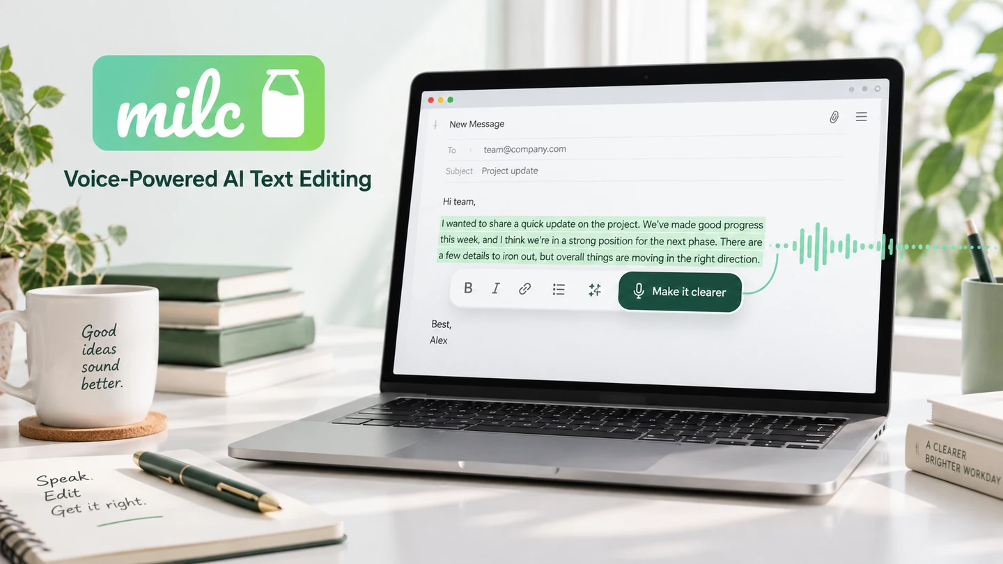 milc logo and a generated desktop visualization of voice-powered text editing