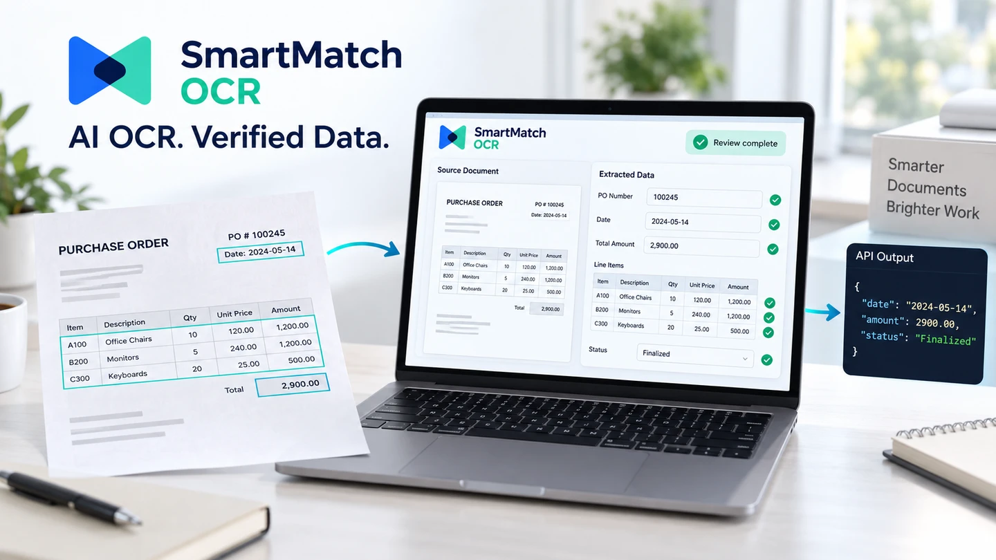 SmartMatch OCR logo and a generated document-to-verified-data workflow visualization